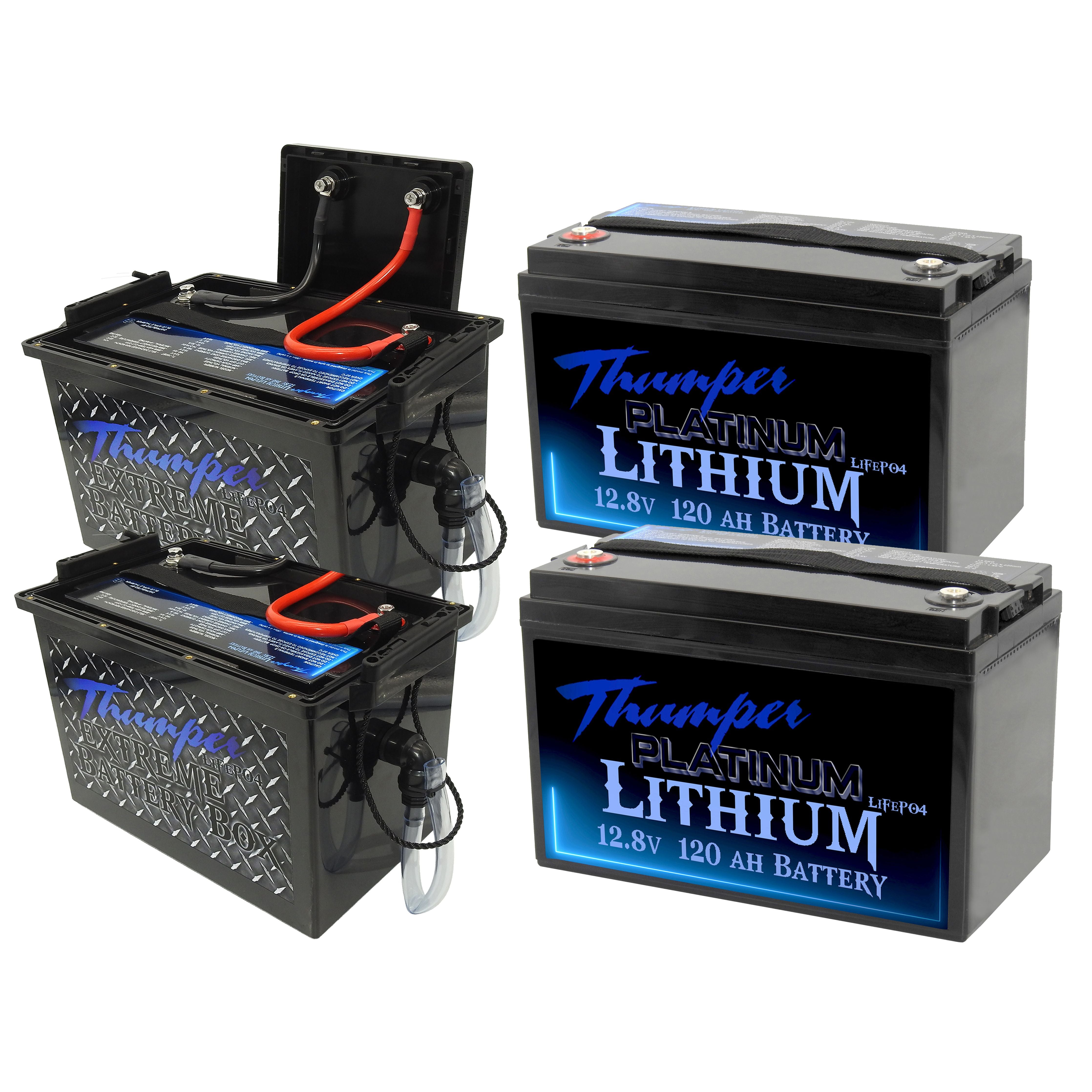 2 x Thumper Lithium 120 AH Platinum LiFePO4 batteries & 2 x Storage bo
