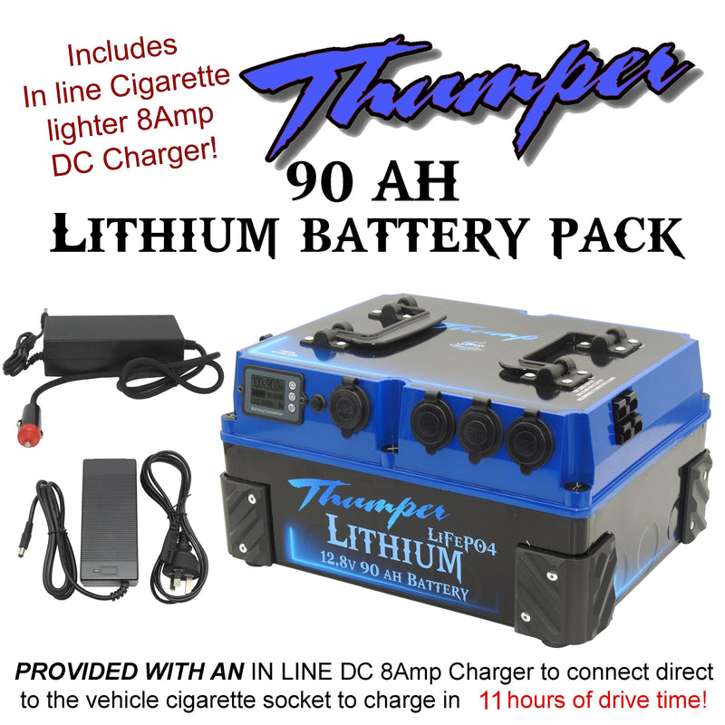 Thumper Lithium 90 AH Battery Pack | LOW PROFILE with In line Cigarette lighter DC charger 8 Amp! - Home of 12 Volt Online