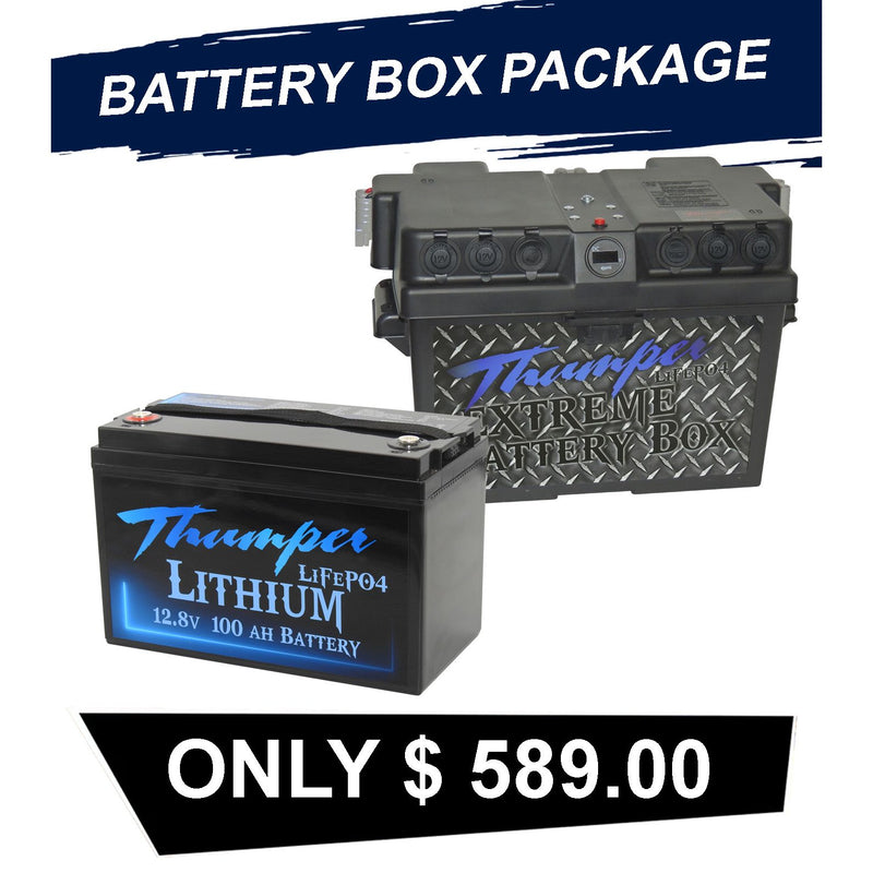 Thumper Lithium 100 AH Standard LiFePO4 Battery TLS-100 + Thumper Elite Battery Box BBE-Blue