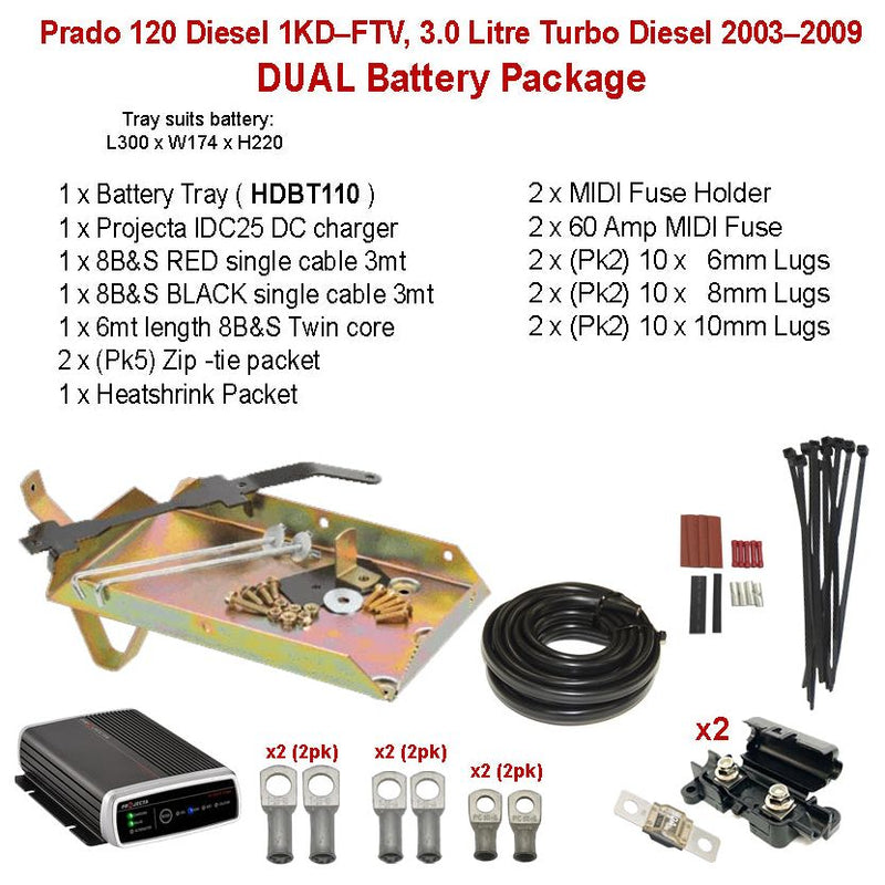 Dual Battery Package Tray IDC25 cables and more | Prado 120 Diesel 1KD–FTV, 3.0 Litre Turbo Diesel 2003–2009 | HDBT110 - Home of 12 Volt Online
