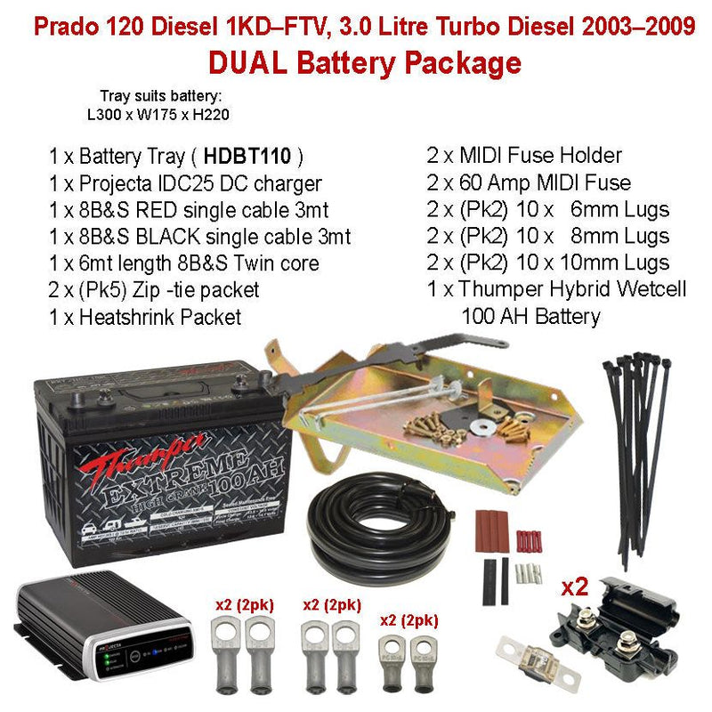 Dual Battery Package Tray IDC25 cables + 100 AH | Prado 120 Diesel 1KD–FTV, 3.0 Litre Turbo Diesel 2003–2009 | HDBT110 - Home of 12 Volt Online