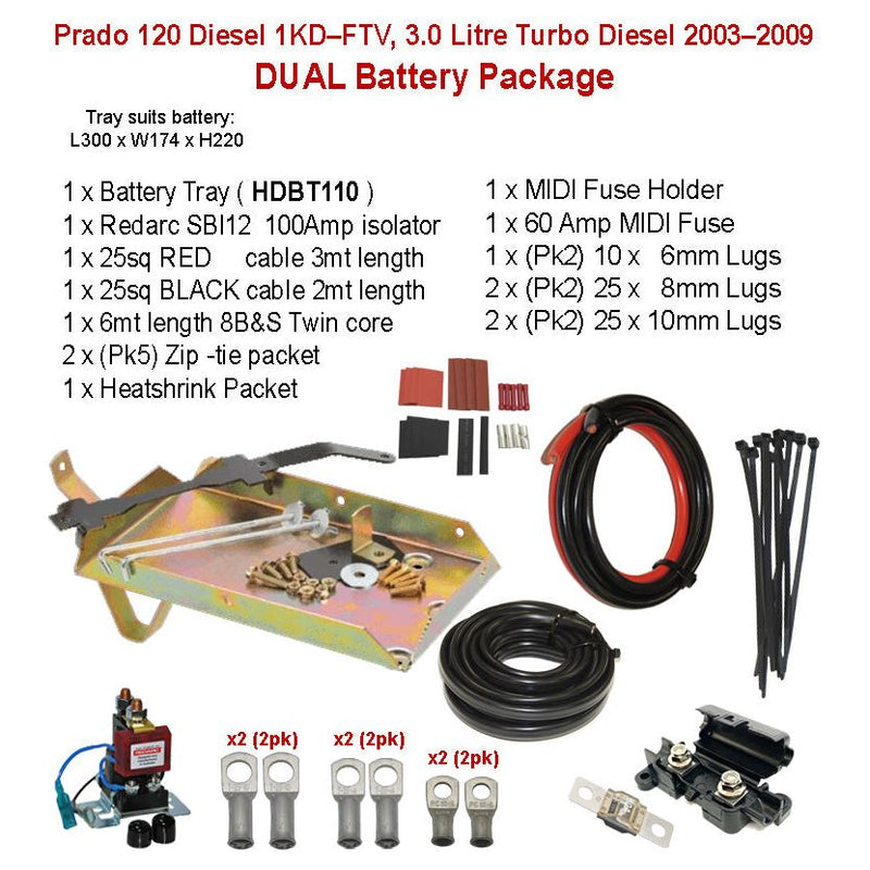 Dual Battery Package Tray SBI12 cables and more | Prado 120 Diesel 1KD–FTV, 3.0 Litre Turbo Diesel 2003–2009 | HDBT110 - Home of 12 Volt Online