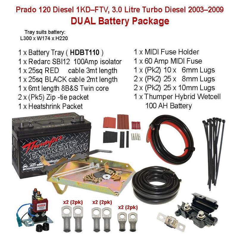 Dual Battery Package Tray SBI12 & 100AH Battery | Prado 120 Diesel 1KD–FTV, 3.0 Litre Turbo Diesel 2003–2009 | HDBT110 - Home of 12 Volt Online