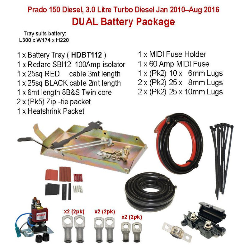 Dual Battery Package Tray SBI12 cables and more | Prado 150 Diesel, 3.0 Litre Turbo Diesel Jan 2010–Aug 2016 | HDBT112 - Home of 12 Volt Online