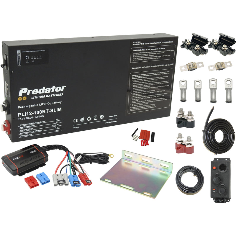Complete pack Predator 200AH LIFEPO4 Slimline Battery Projecta PDC25 Charger installation pack