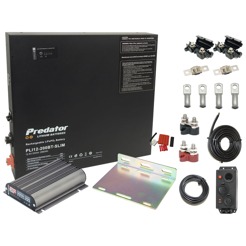 Complete pack Predator 200AH LIFEPO4 Slimline Battery BCDC1240 DC Charger installation pack