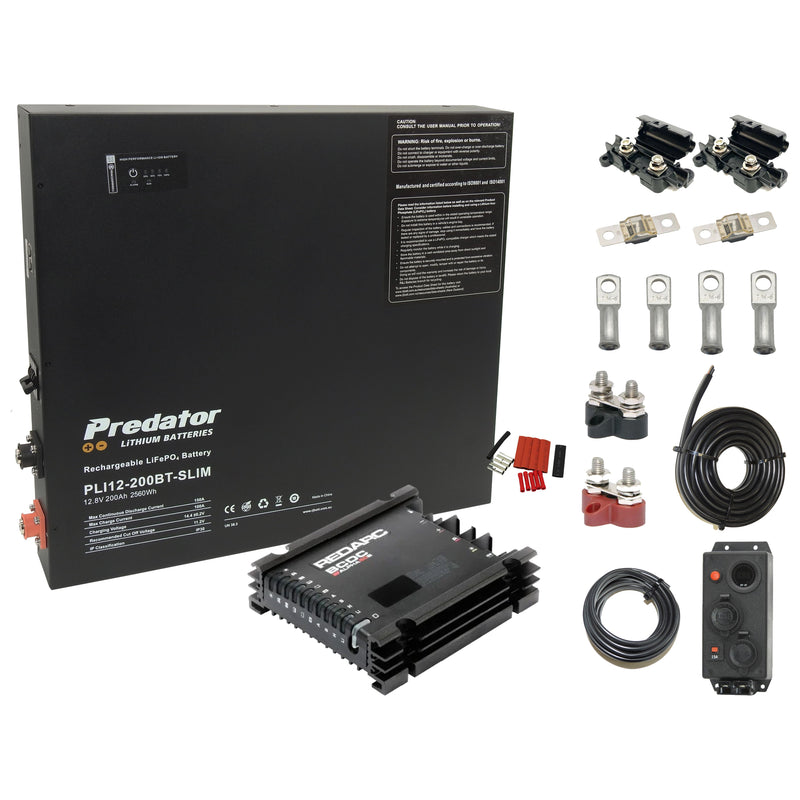 Complete pack Predator 200AH LIFEPO4 Slimline Battery Alpha 50 Amp DC Charger installation pack