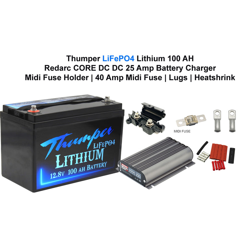 Thumper Lithium 100 AH LiFePO4 Battery + REDARC Core 25 Amp BCDCN1225 DC Charger + Fuses Lugs and Heatshrink - Home of 12 Volt Online