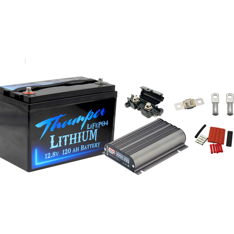 Thumper Lithium 120 AH LiFePO4 Battery + REDARC Core BCDCN1240 40 Amp DC Charger + Fuses Lugs and Heatshrink - Home of 12 Volt Online