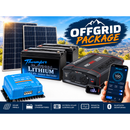 Off-grid solar power package featuring 320Ah lithium battery storage, 400W solar panels, Projecta inverter and Victron SmartSolar MPPT controller.