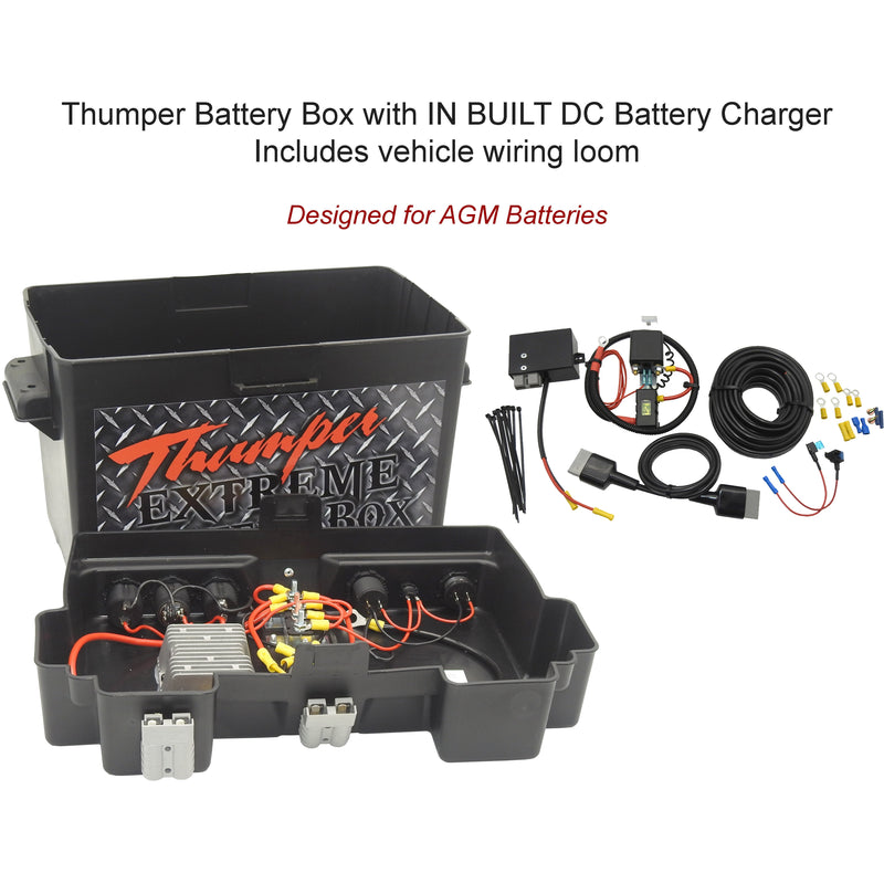 Thumper Battery Box with IN BUILT DC Charger | Suits AGM Batteries | Includes wiring loom - Home of 12 Volt Online