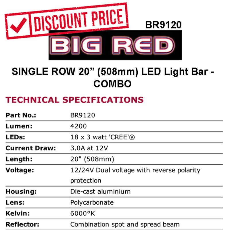 BIG RED Light Bar LED 20 inch 18 x 3W single row | BR9120 - Home of 12 Volt Online