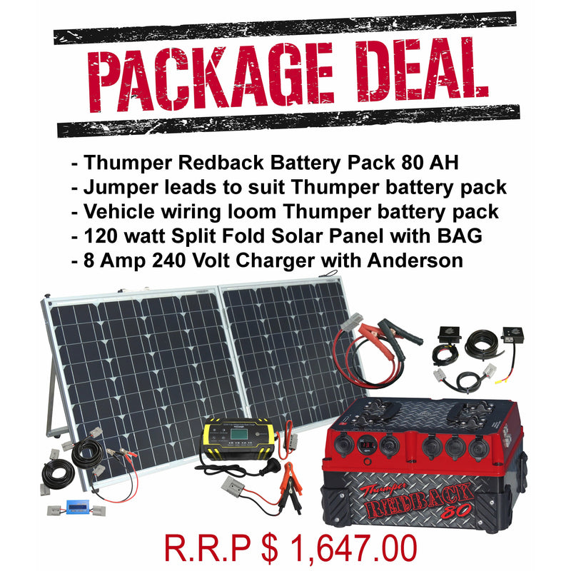 Package | Redback 80 AH Battery Pack + 120 watt Split Fold + Battery Charger | SALE ENDS 13.09.2021 - Home of 12 Volt Online