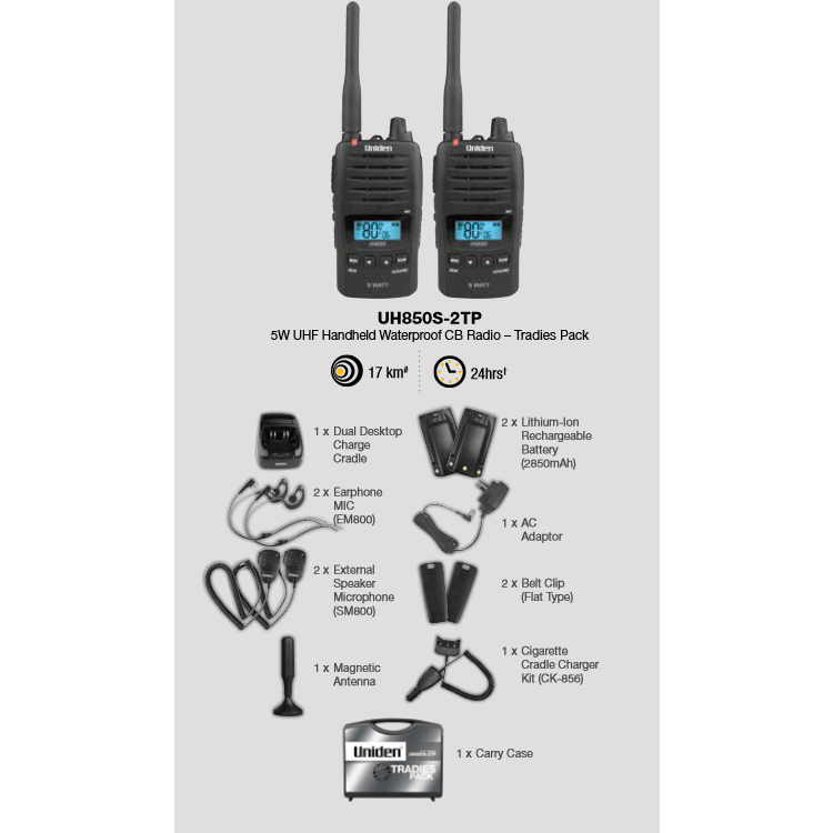 Uniden 5 Watt UHF Waterproof CB Handheld – Tradies Pack | UH850S-2TP - Home of 12 Volt Online