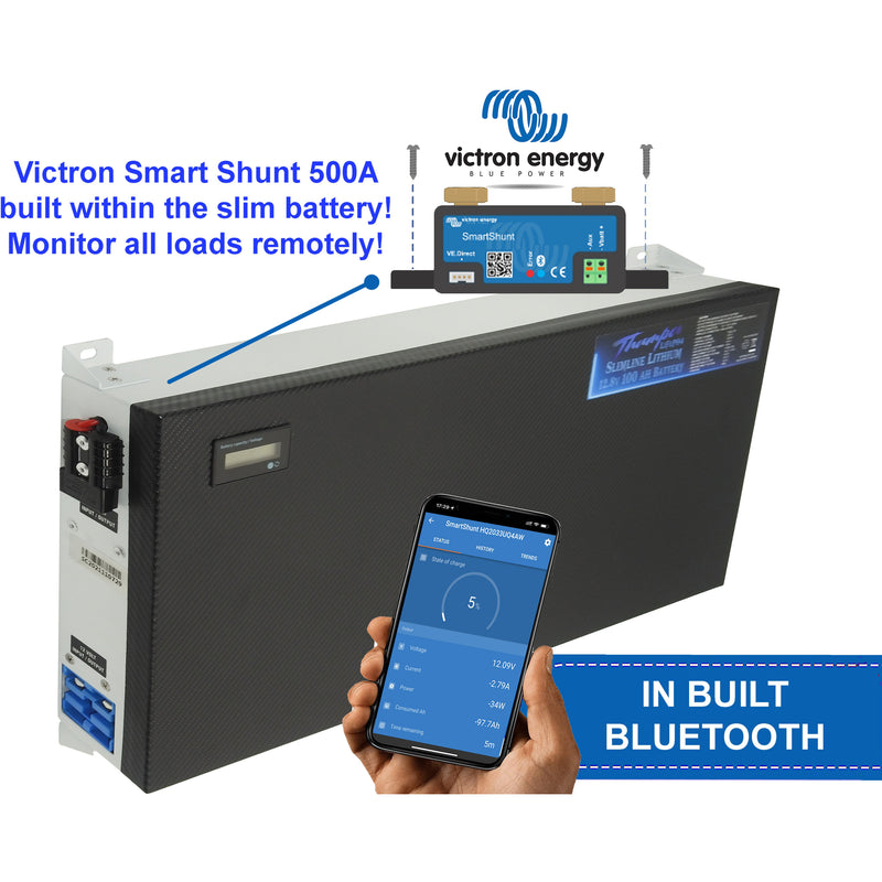 Thumper Slimline Lithium LiFePO4 100 AH battery IN BUILT Victron bluetooth Smart Shunt | Bonus Remote head unit valued at  $150.00! - Home of 12 Volt Online