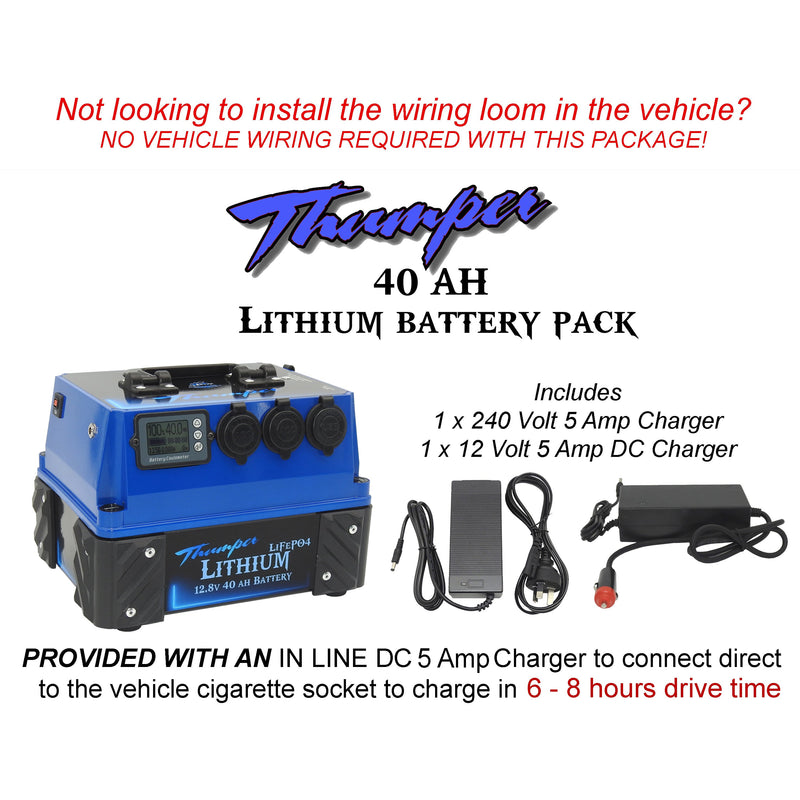 Thumper Lithium 40 AH Battery Pack | In line DC Charger 5 Amp for Cigarette socket charge! - Home of 12 Volt Online