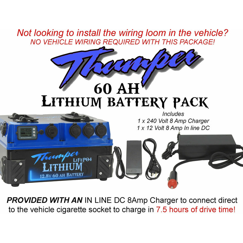 Thumper Lithium 60 AH Battery Pack | Incl. IN-LINE 8 Amp DC charger to charge from Cigarette socket! - Home of 12 Volt Online