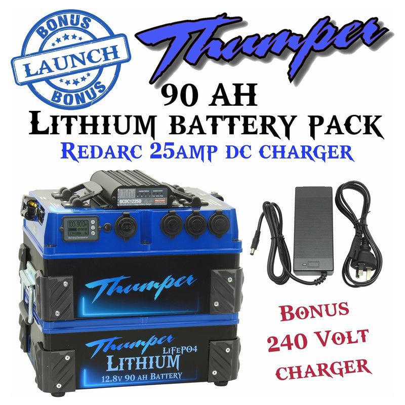 Thumper Lithium portable battery pack REDARC DC charger suits variable smart alternators. Fridge battery slim line