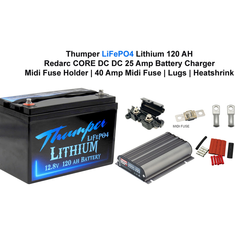 Thumper Lithium 120 AH LiFePO4 Battery + REDARC Core BCDCN1225 25 Amp DC Charger + Fuses Lugs and Heatshrink - Home of 12 Volt Online