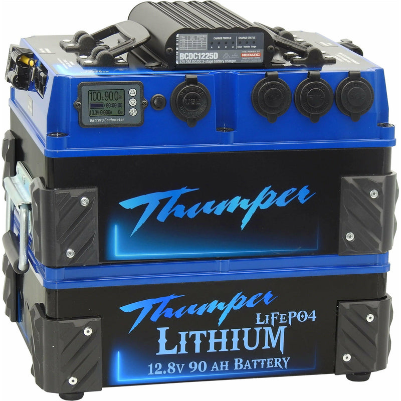 Thumper portable Lithium pack smart alternator Redarc dc in vehicle battery charger solar and vehicle charge. Lithium battery monitor